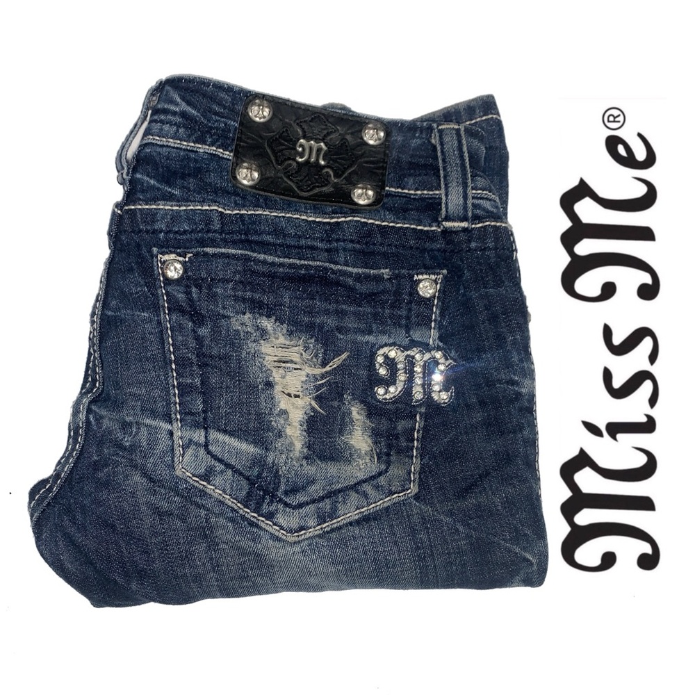 Miss Me Dark Blue Denim Jeans with Silver‎ Accents & Rhinestone - 0402 - 27x31